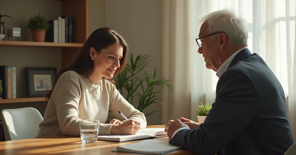 Persona escribiendo notas frente a un mentor en una mesa tranquila