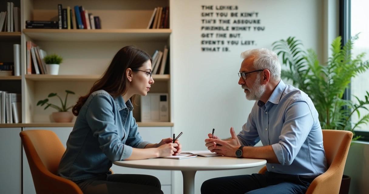 Mentor and mentee having a focused discussion at a small table in an office 