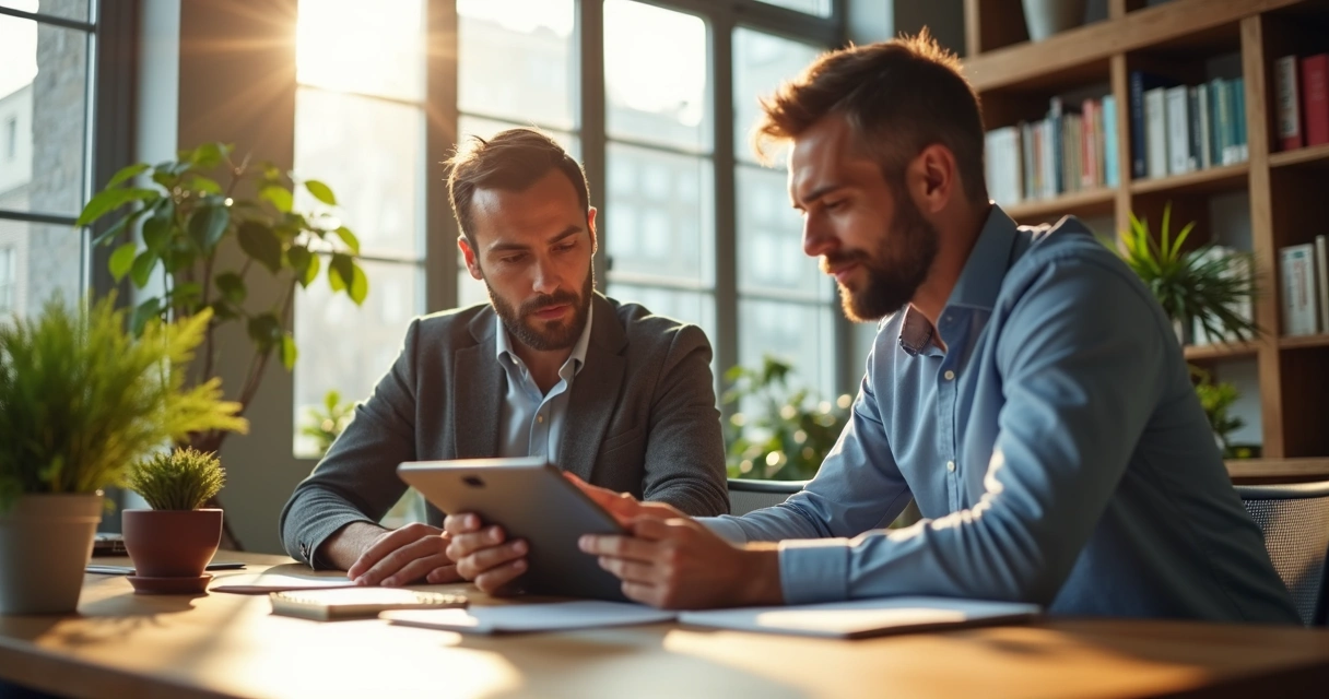 Mentor orientando profissional sentado em mesa de coworking 