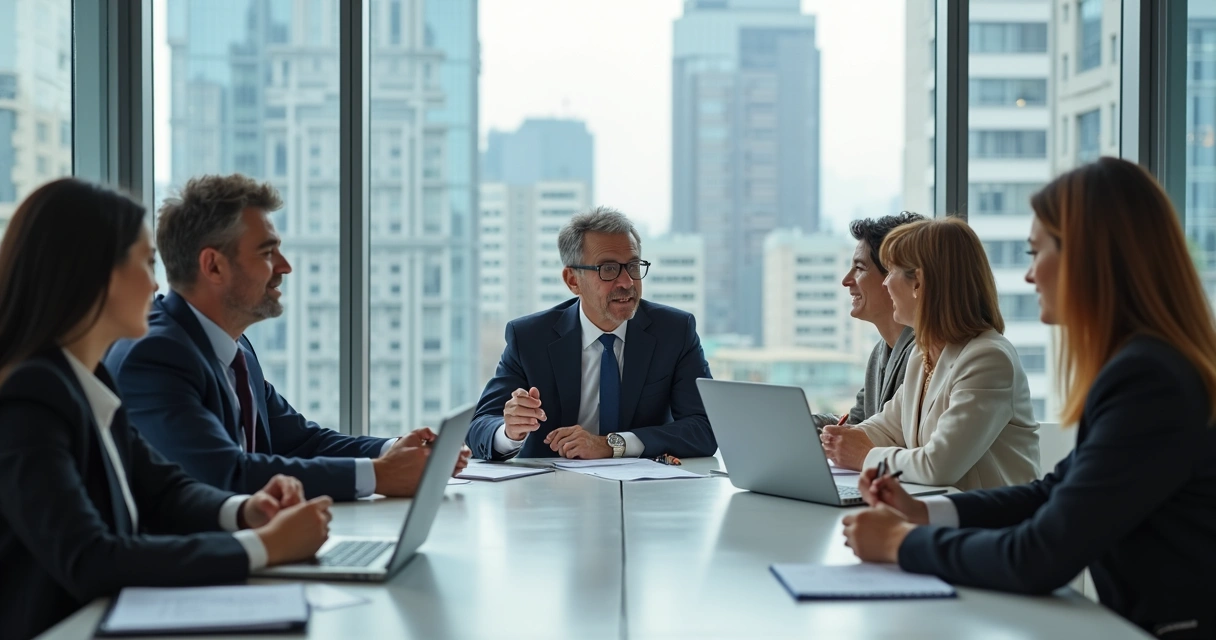 Mentor orienta grupo de mentorados em sala de reunião 