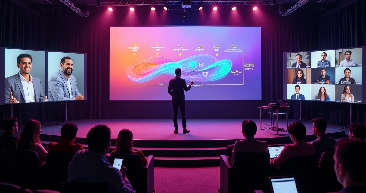 Mentor conduzir palestra híbrida com tela gigante e público presencial e online 