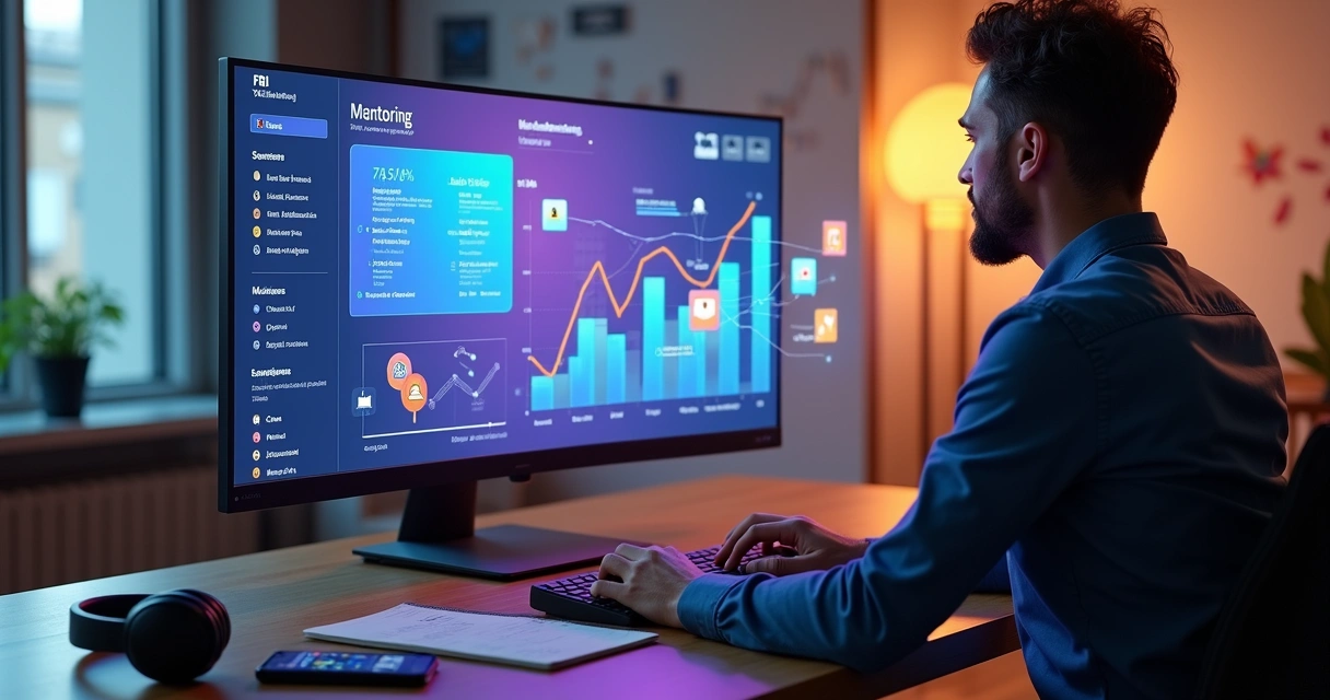 Mentor gerenciando campanha de email marketing em painel com funil de vendas 