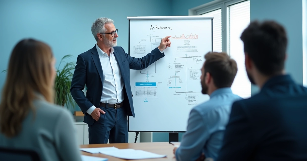 Mentor apresentando mentoria empresarial em frente a um quadro branco
