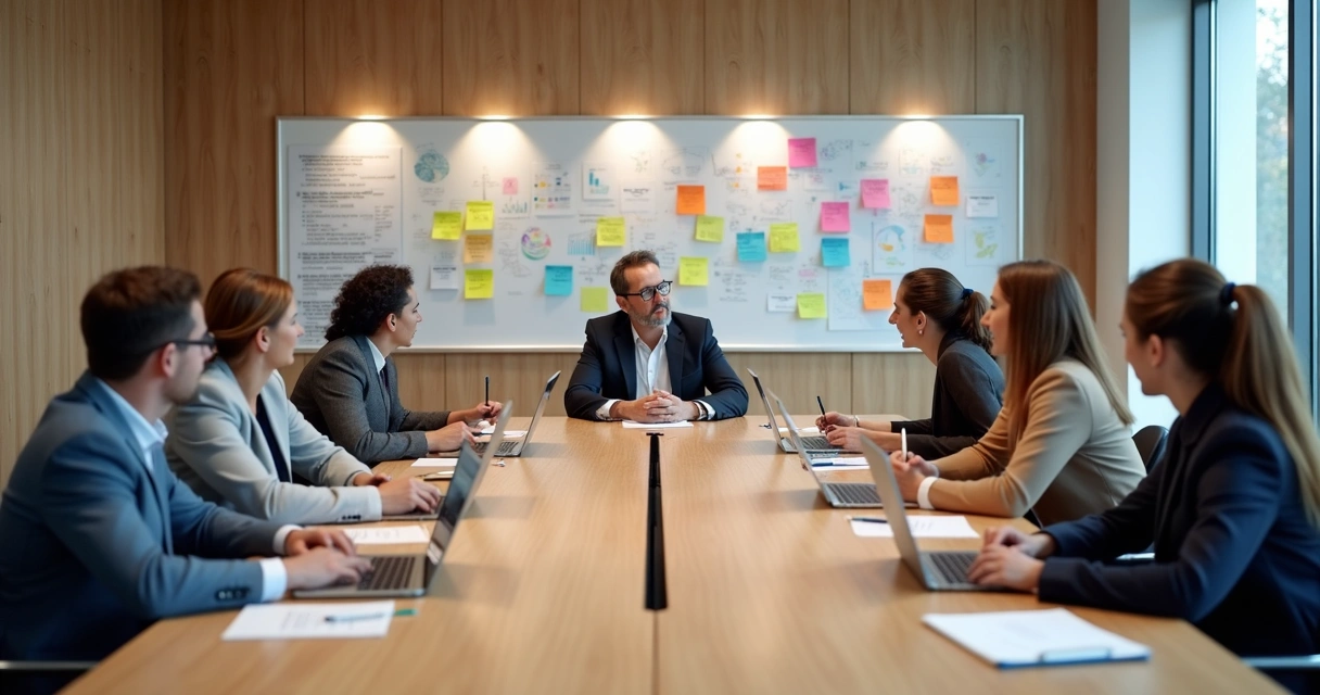 Mentor conduzindo reunião em grupo com diversos empreendedores sentados à mesa 