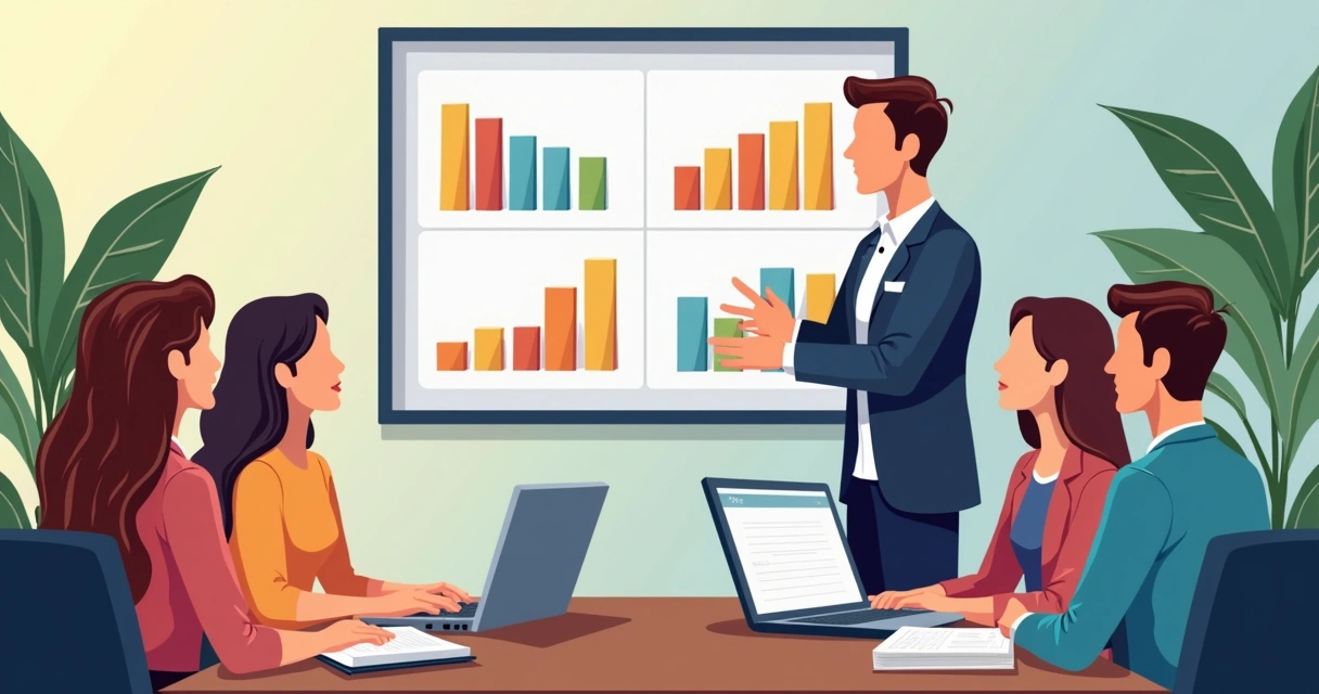 Mentor ensinando planilhas em aula ao vivo com alunos atentos