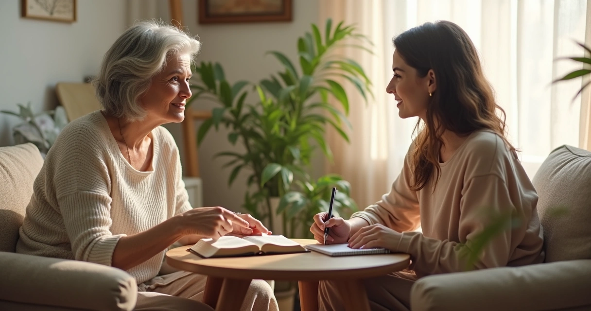 Mulher mais velha orientando mulher mais jovem em ambiente acolhedor, com Bíblia e bloco de anotações sobre a mesa. 