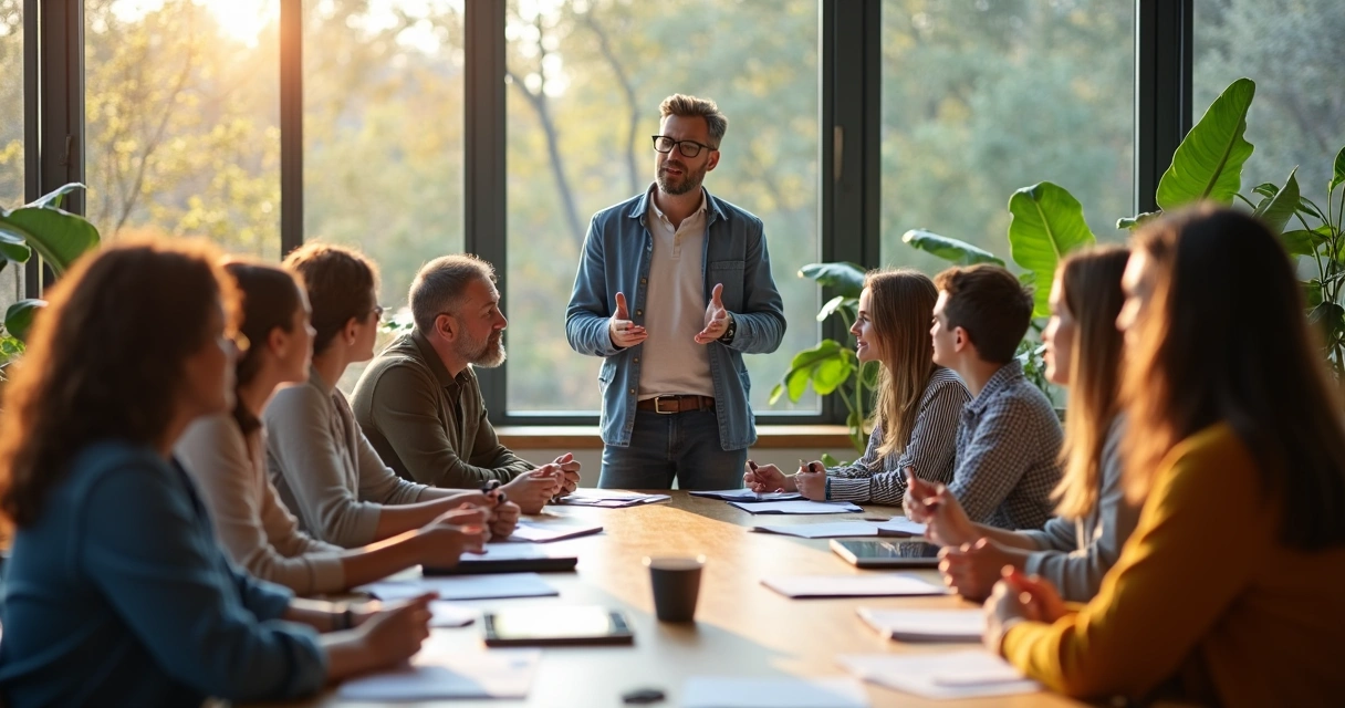 Mentor orientando um grupo durante sessão de aprendizagem 