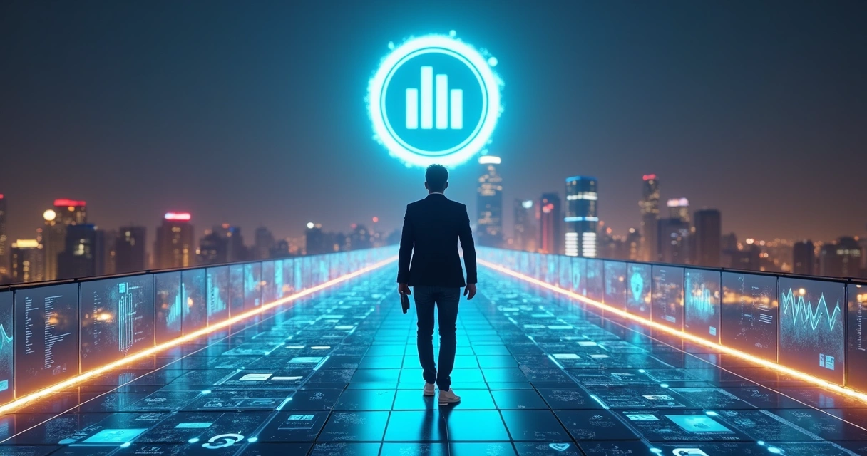 Mentor caminhando por ponte digital iluminada por ícones de marca e mídias sociais 