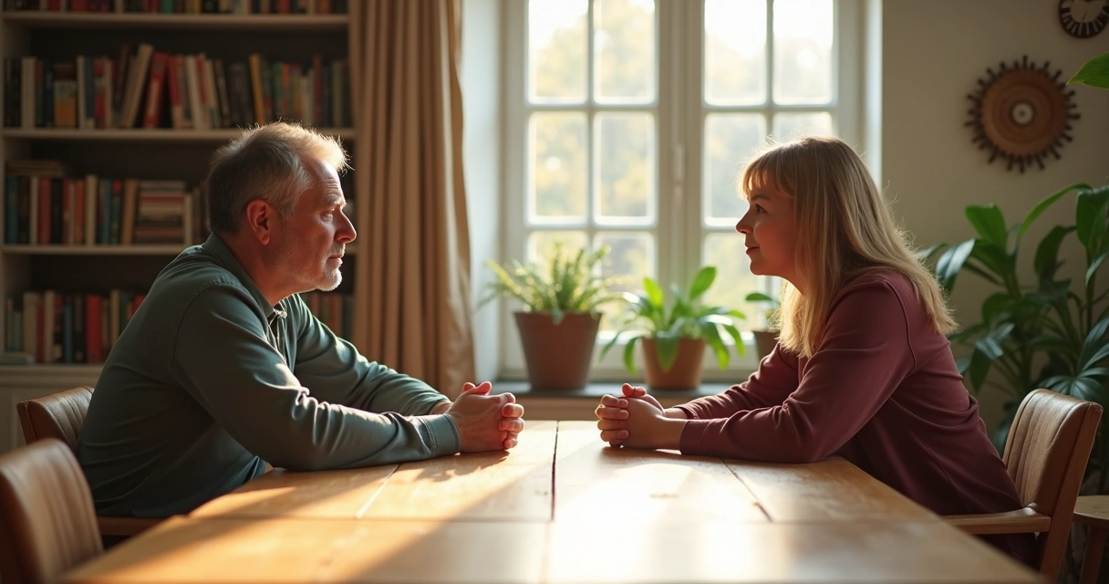 Mentor escutando uma pessoa sentada em frente, em conversa num ambiente claro e acolhedor 
