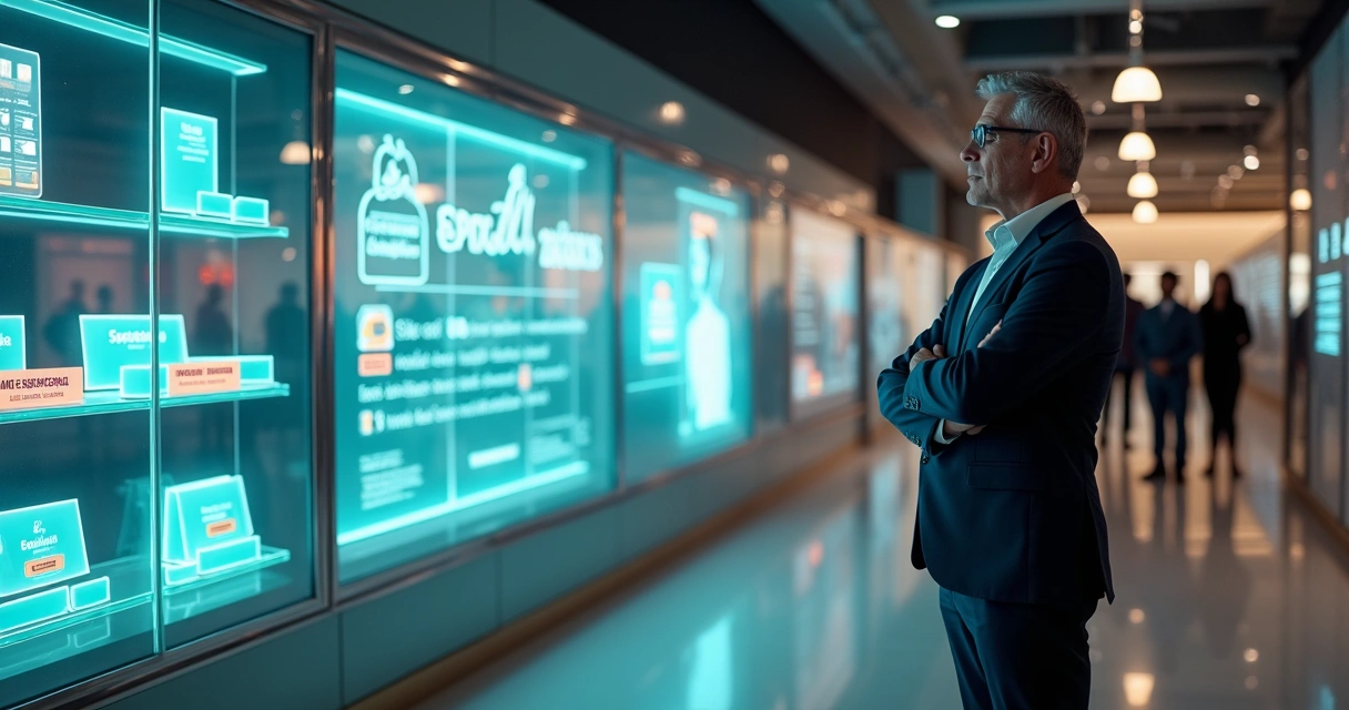 Mentor especialista observando vitrine digital de produtos esgotados 