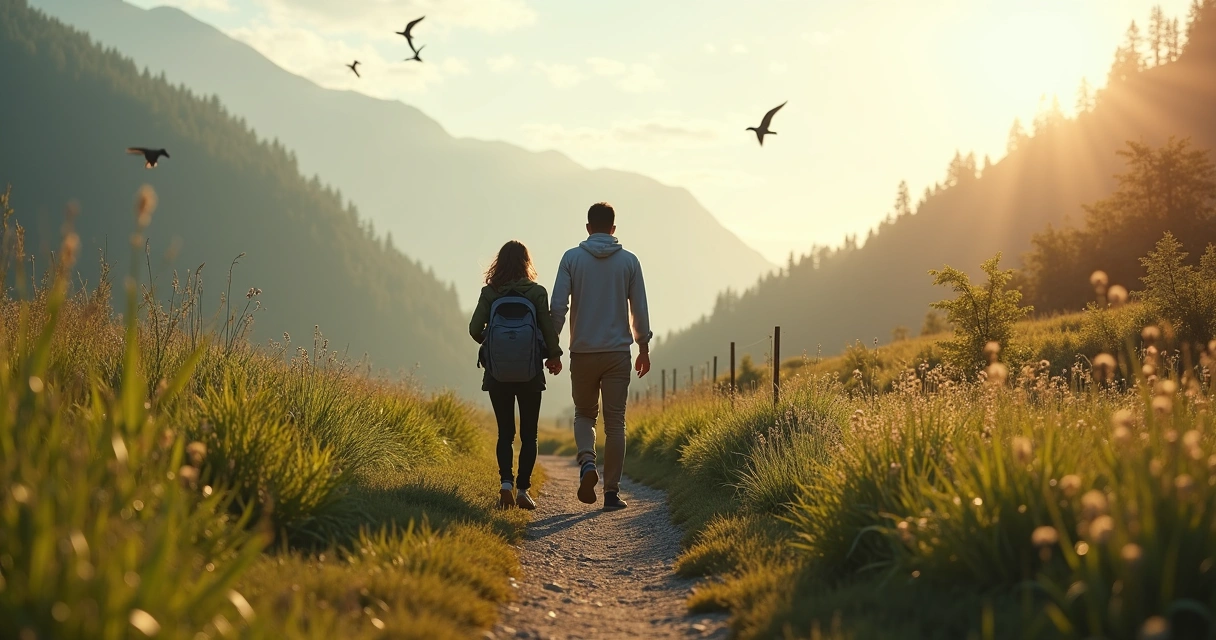 Pessoa guiando outra em caminho ao ar livre com paisagem natural 