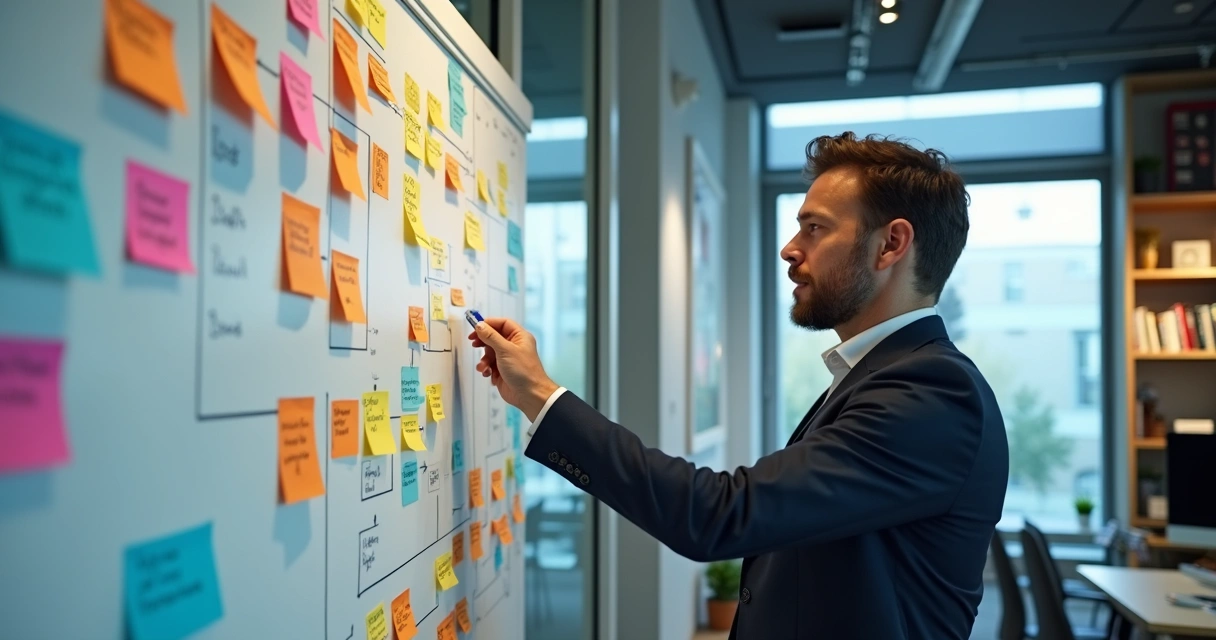 Mentor organiza quadro com a jornada do aluno em mentorias digitais 
