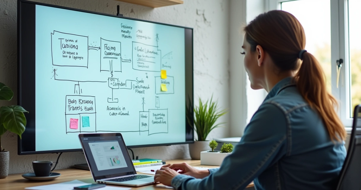 Mentor desenhando jornada de mentoria em quadro digital 