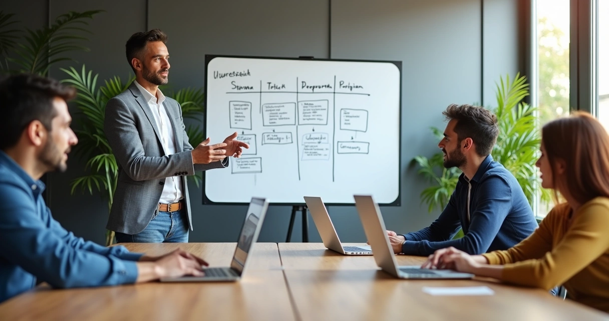 Mentor mostra solução em quadro branco para grupo pequeno 