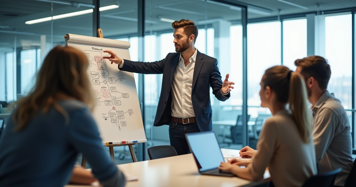 Mentor explicando conceitos para um grupo de jovens em startup 