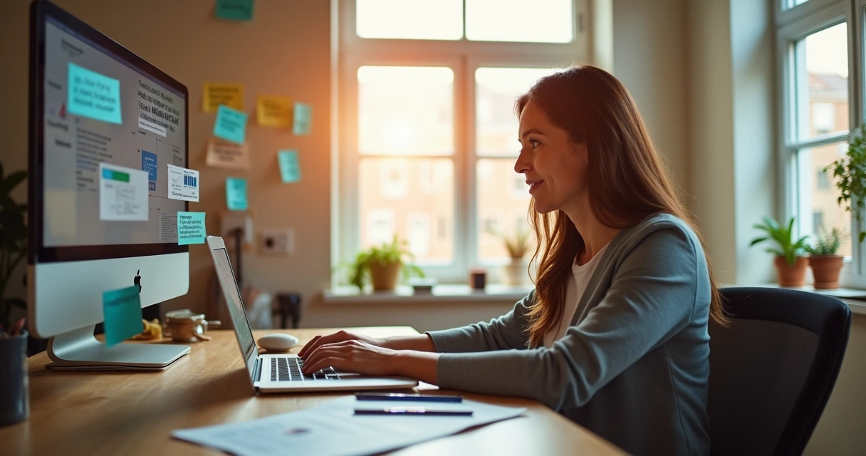 Mentor digitando em laptop com anúncios digitais na tela 