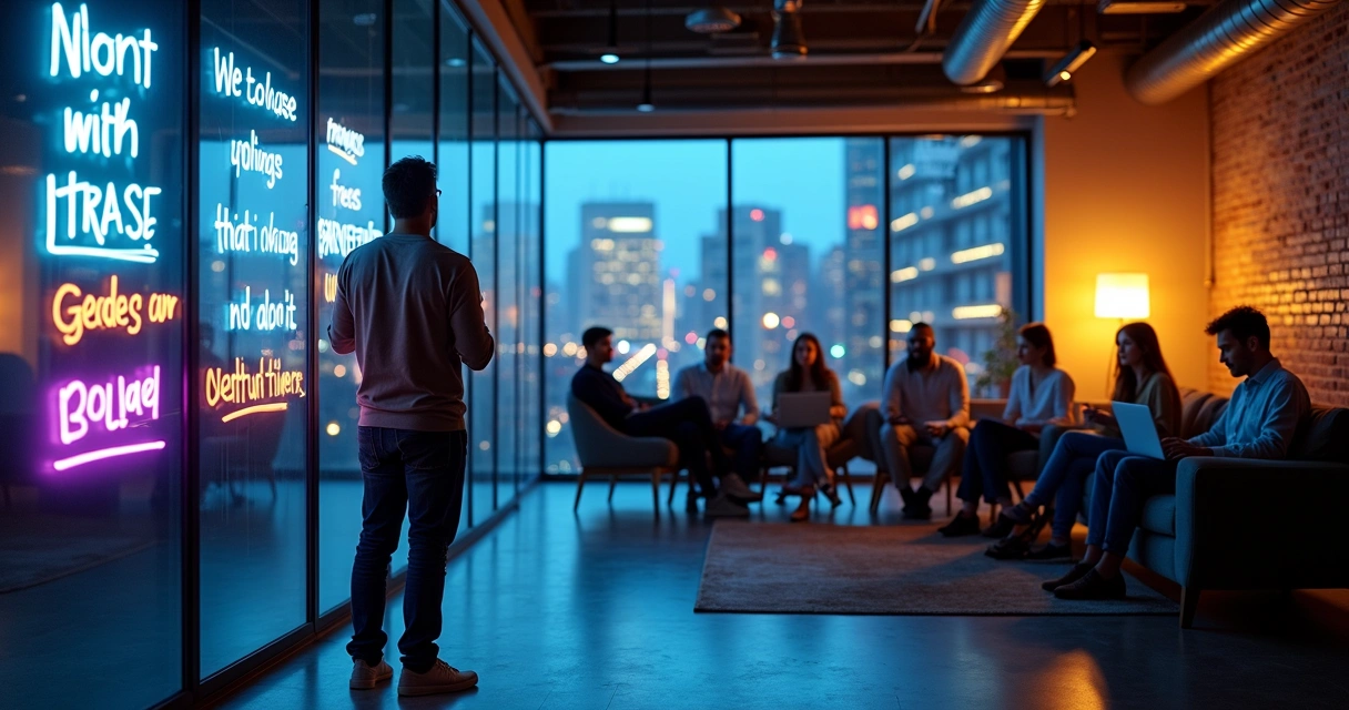 Mentor escreve frases de impacto em painel luminoso para inspirar grupo de mentorados 
