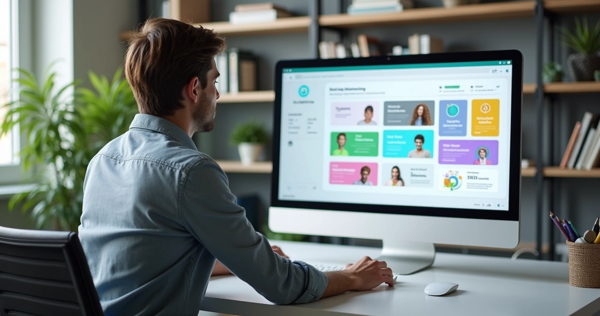 Mentor usando plataforma digital com painéis de gestão, videochamadas e automação em interface moderna 