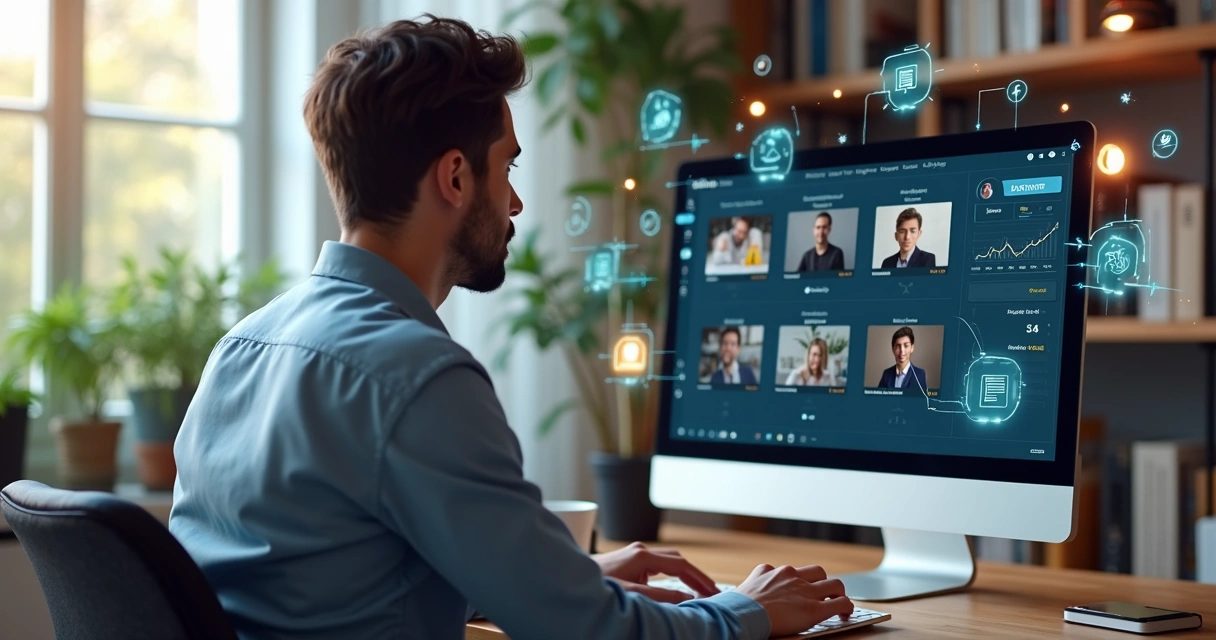 Mentor trabalhando em plataforma digital com dashboard de gestão e videochamada aberta 