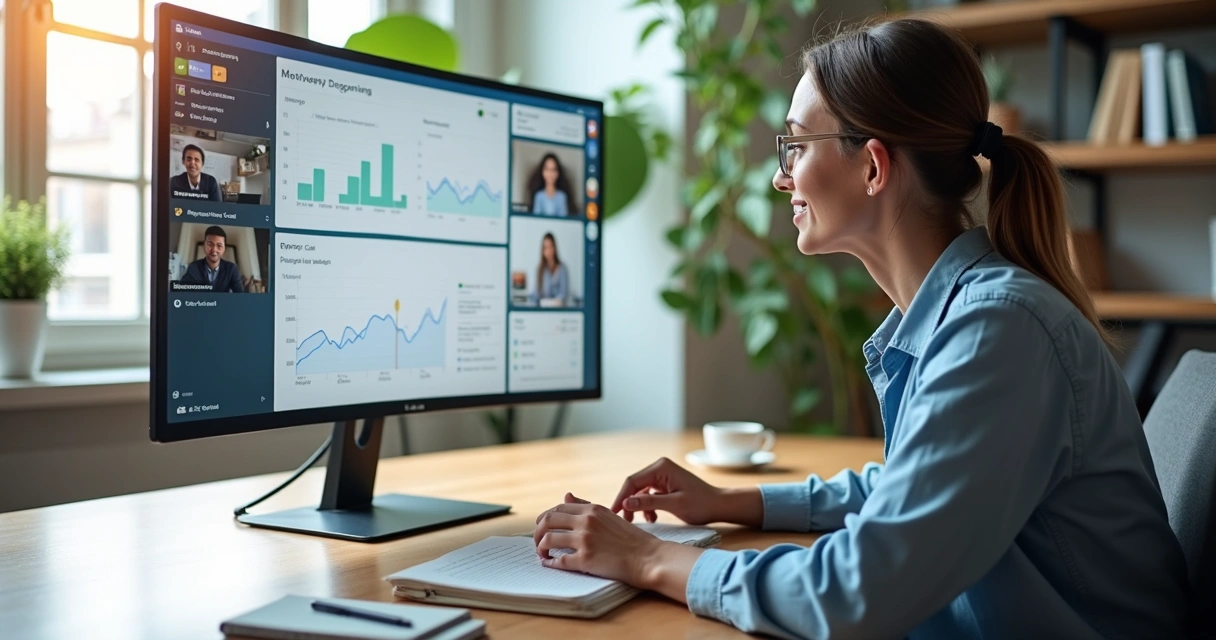 Mentor usando plataforma digital com dashboard e videochamada em alta resolução na tela do computador 