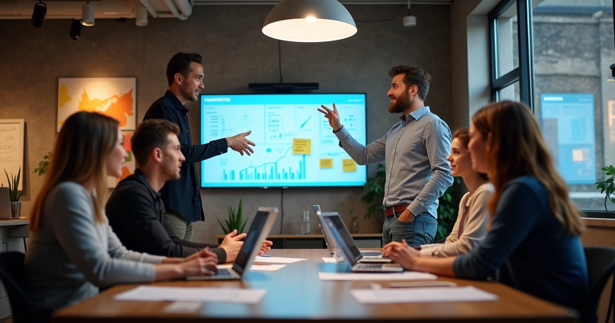 Mentor guiding a team in a creative workspace with digital screens showing growth paths 