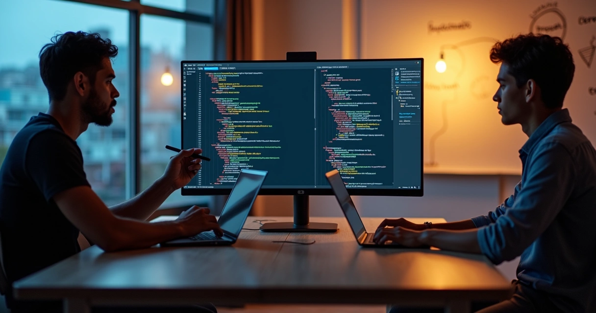 Mentor orienta aluno enquanto tela mostra código e interface de IA lado a lado 