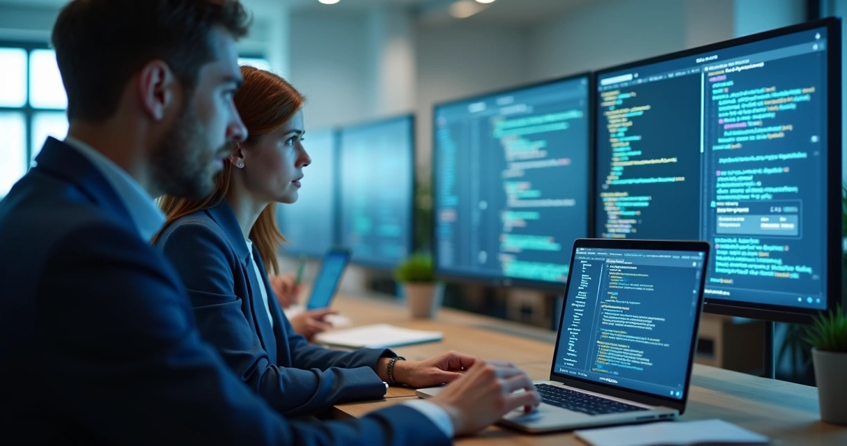 Mentor orientando aluno com painel de IA e código na tela