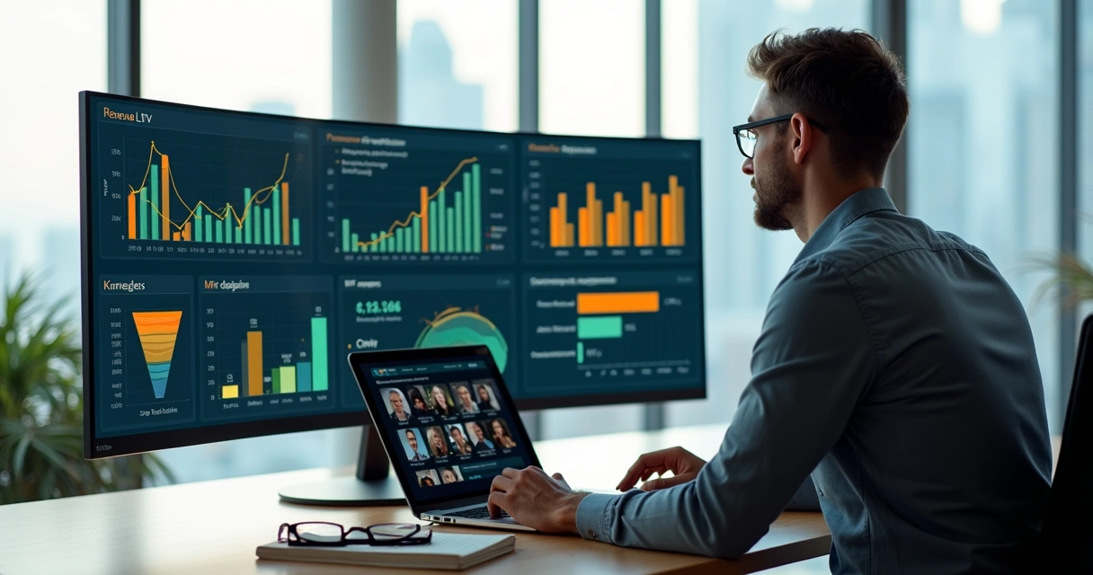 Mentor analisando indicadores financeiros de mentoria em dashboard moderno 