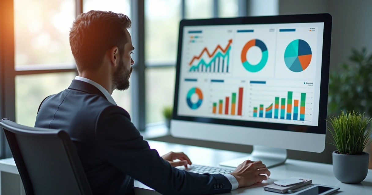 Mentor analisando gráficos de desempenho em tela de computador com indicadores de sucesso dos mentorados 