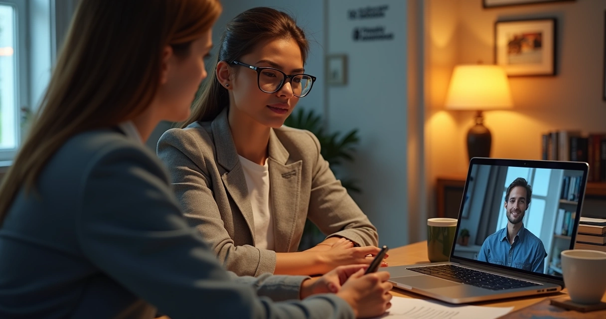 Mentor digital orientando profissional em chamada de vídeo 