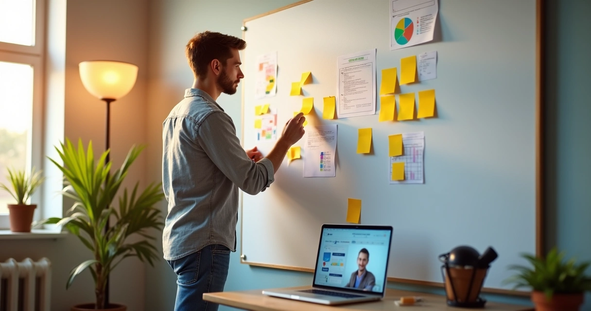 Mentor montando painel com post-its coloridos e espaços em branco 
