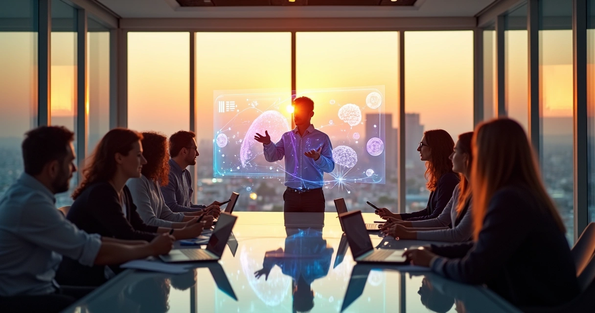 Mentor guiando grupo em jornada de conhecimento digital 