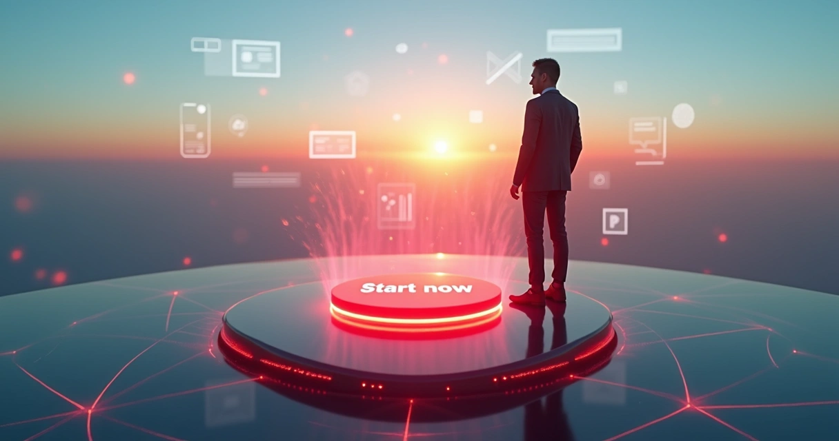 Mentor apertando botão gigante de lançamento em ambiente digital vibrante 
