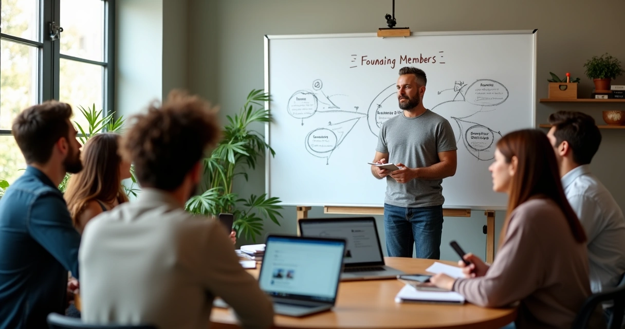 Mentor apresenta projeto de mentoria para pequeno grupo em sala com quadro branco 