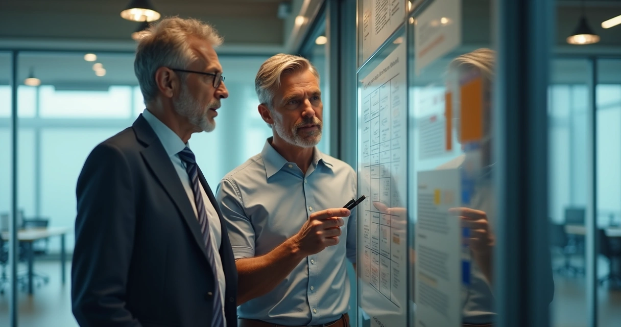 Mentor orientando sucessor em cenário corporativo com gráficos ao fundo.