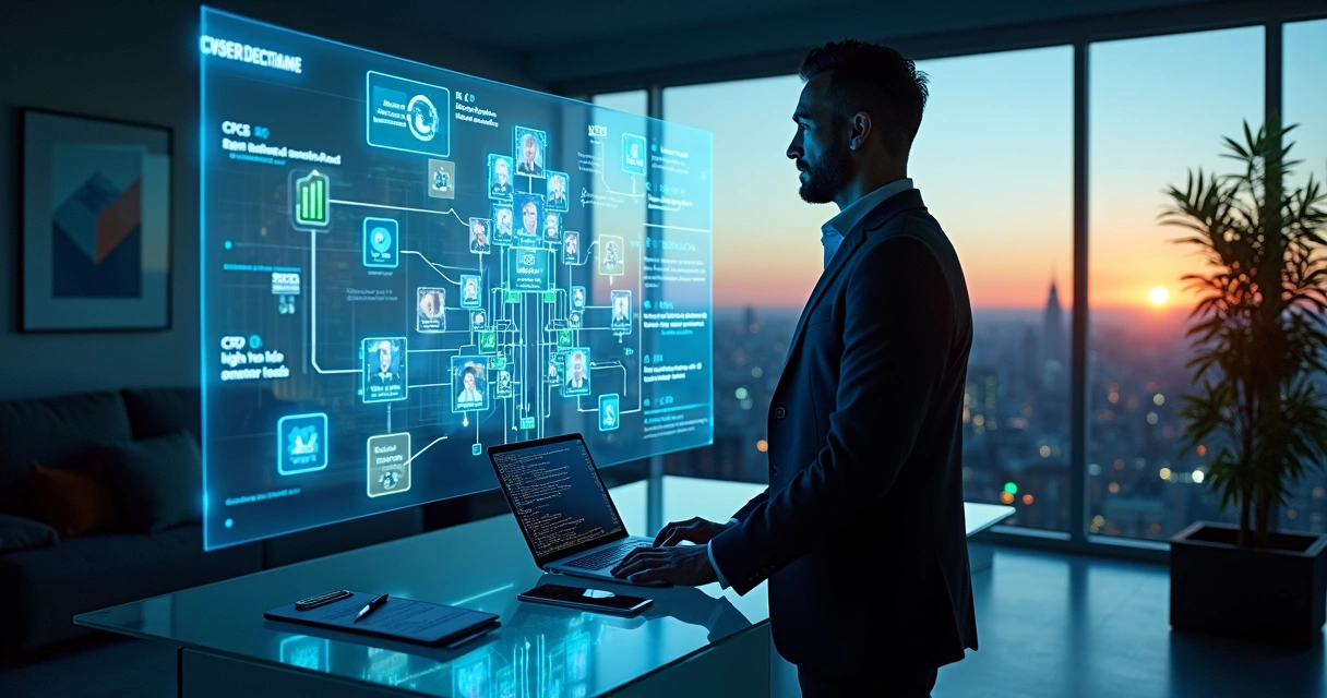 Mentor empresarial usando painel holográfico com anúncios do LinkedIn e leads corporativos 