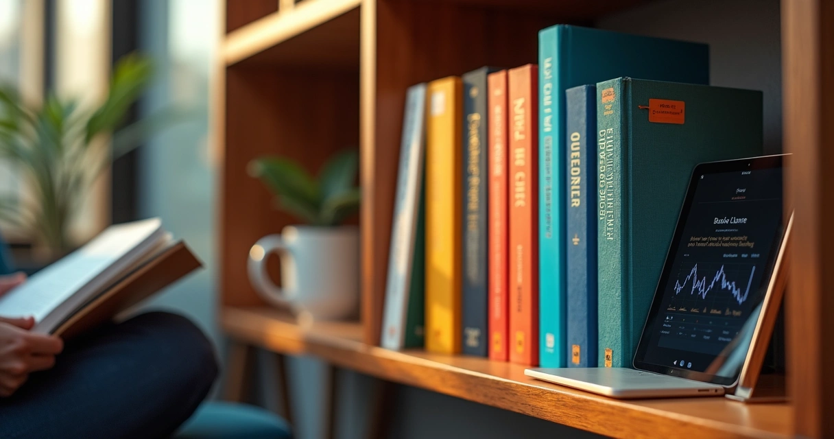 Mentor folheia livro sobre negócios em estante moderna com destaque para sete títulos alinhados 
