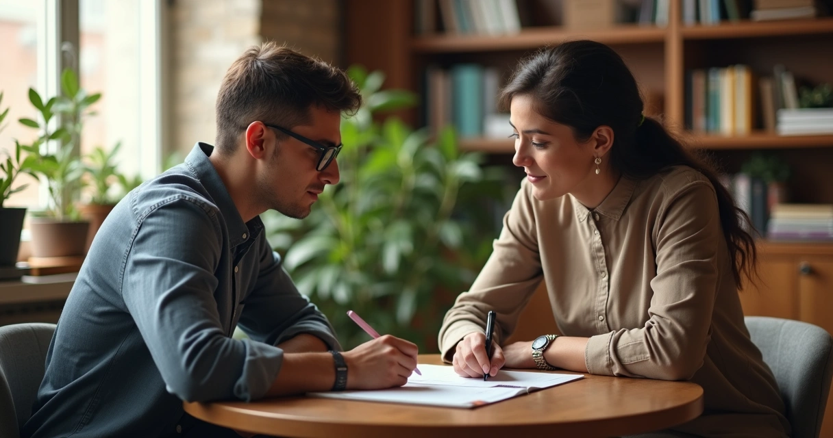 Mentor and mentee sitting at a round table with a notepad between them 