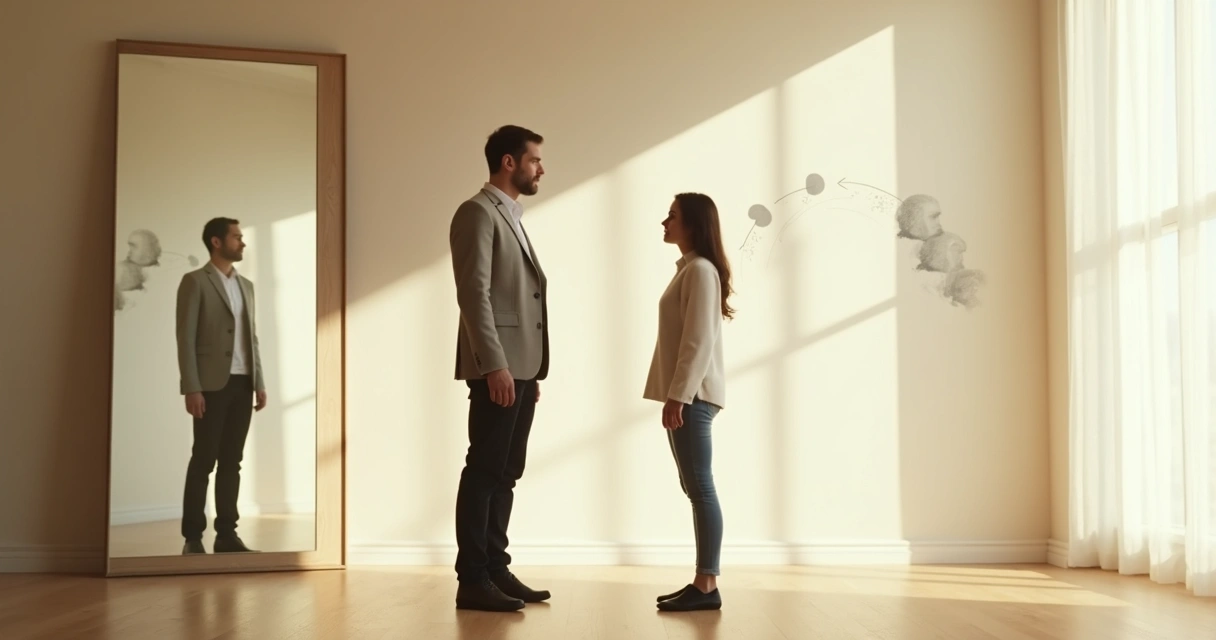 Mentor and mentee silhouettes facing a mirror with overlapping reflections 