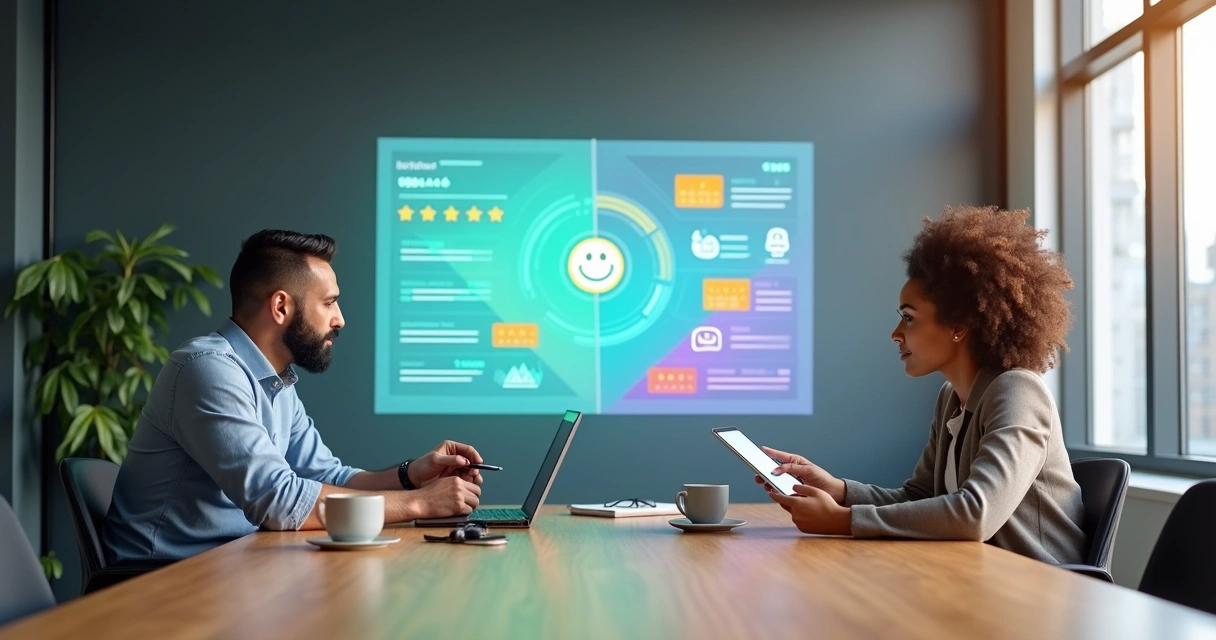 Mentor e mentorado analisam painel de indicadores de satisfação 