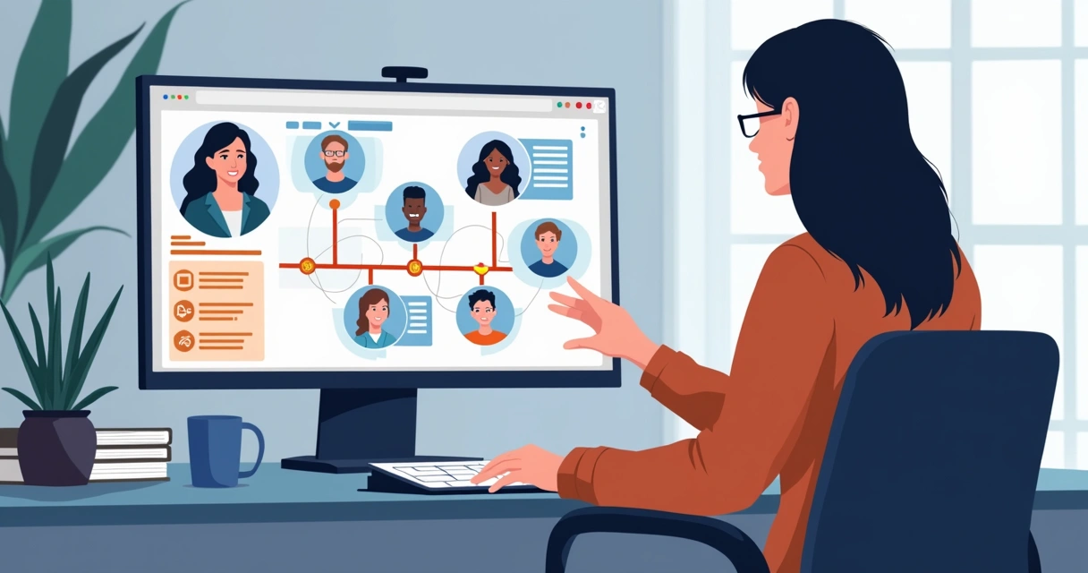 Mentor conduzindo jornada digital com mentorados em tela de plataforma de mentoria 