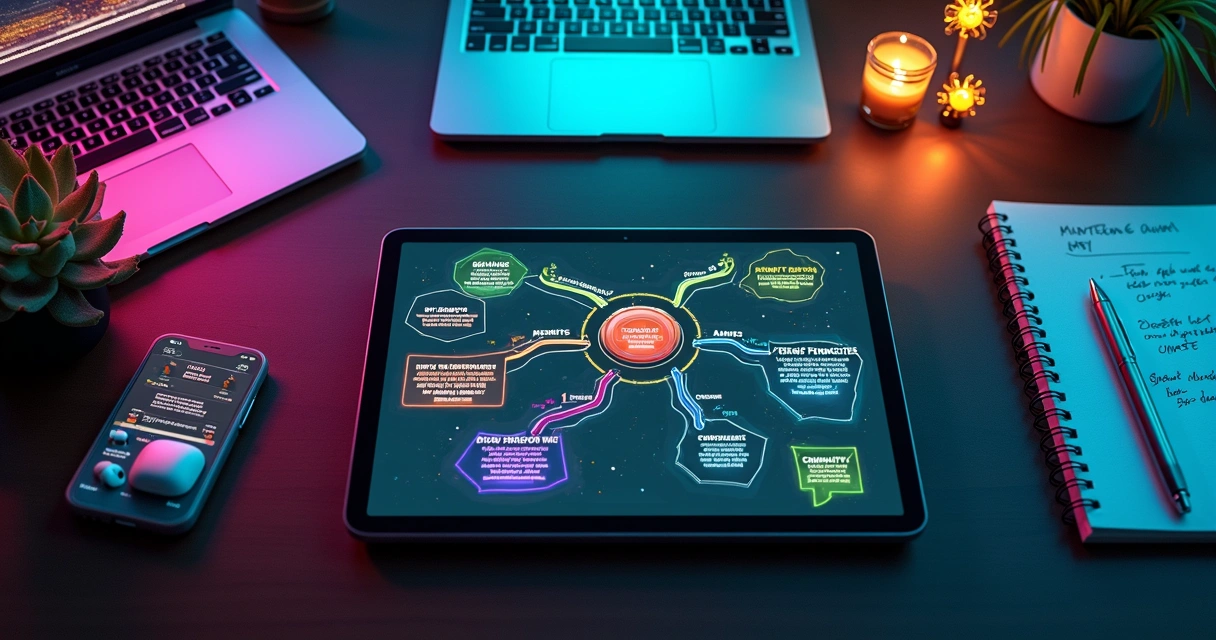 Mentor analisando mapa digital de produtos de mentoria monetizados na tela de um tablet 