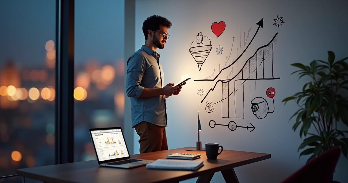 Mentor confiante analisando crescimento digital em parede com gráficos e poucos ícones de seguidores 