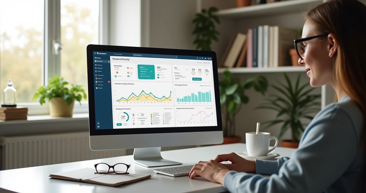Mentor trabalhando em computador com plataforma digital de mentorias aberta na tela, ambiente moderno e profissional 