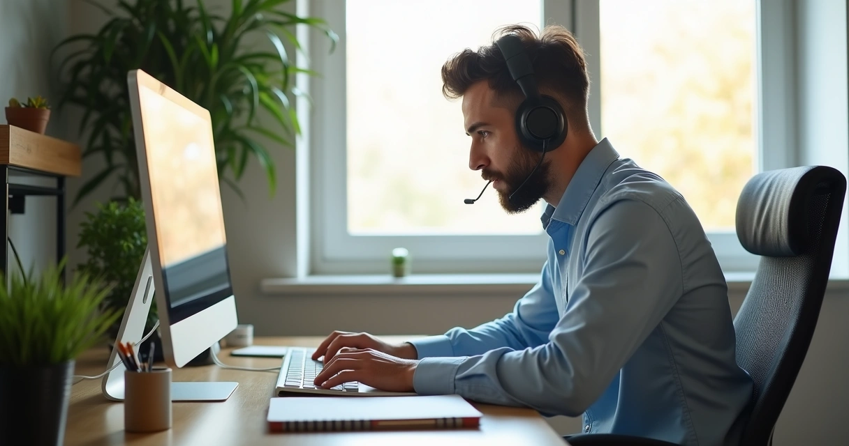 Mentor trabalhando em computador com ambiente moderno e organizado, notas e livros ao redor, em escritório iluminado natural 