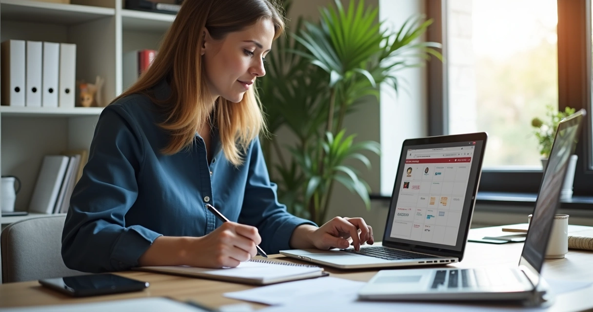 Mentor organizando curso online em laptop com notas e calendário digital na mesa 