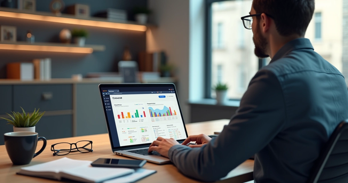 Mentor organizando curso online em laptop com gráficos e anotações ao redor 