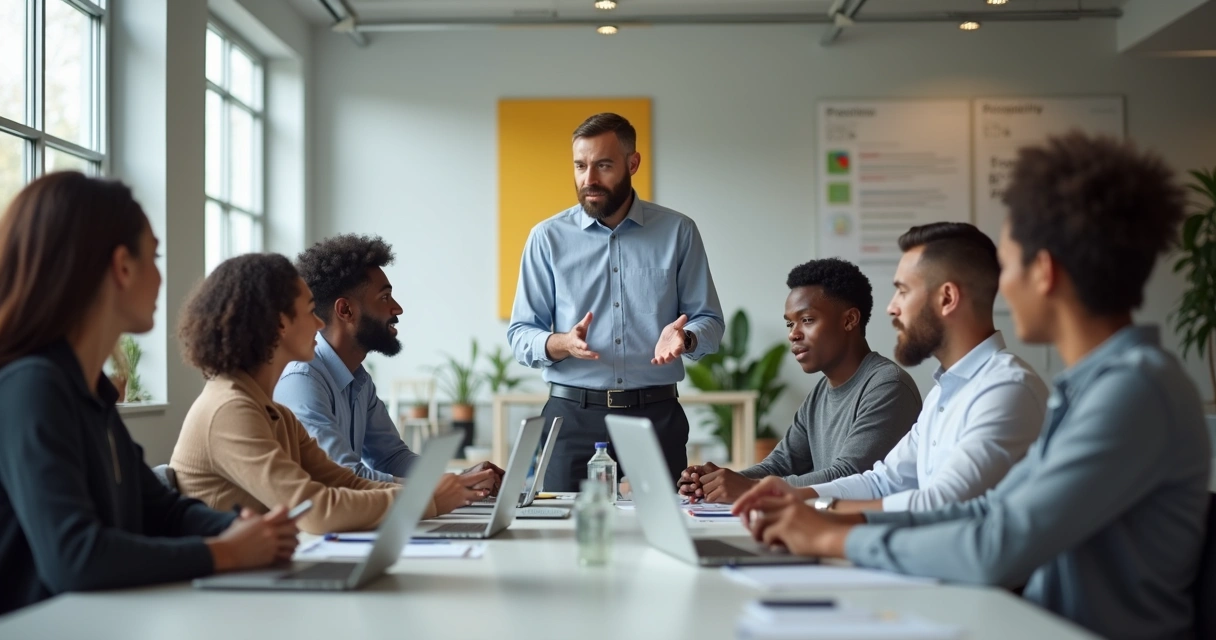 Mentor orientando a equipo diverso en escritorio con computadoras 