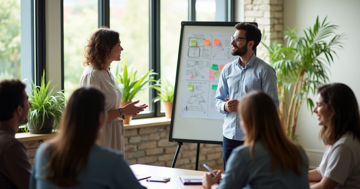 Mentor orientando grupo de mentorados em sala moderna 