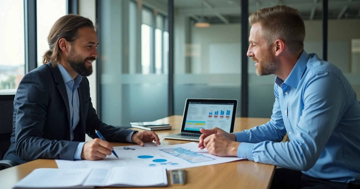 Mentor e mentorado analisando metas em uma mesa